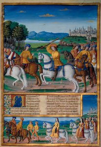 A loucura de Carlos VI (1368 - 1422). Em 5 de agosto de 1392, na floresta de Le Mans, ele começou a experimentar ataques de furiosa loucura: gritando por traição, ele atacou sua própria tropa e matou quatro pessoas. Crónicas de Enguerrand de Monstrelet (v. de Unknown artist