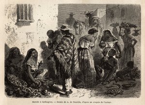 A marcha de Cartagena (Colômbia), nos subúrbios da cidade, freqüentada principalmente por negros, metis e índios. Gravura para ilustrar a viagem a Nova Granada, pelo Dr. Saffray, em 1869, publicada em "Le tour du monde" 1872, editada por Edouard Charton, de Unknown artist