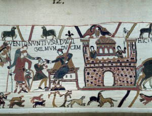 Os mensageiros do Rei da Normandia Guilherme o Conquistador (1027-1087) informaram-no que Haroldo, que veio da Inglaterra em nome do Rei Eduardo, o Confessor da Inglaterra, foi feito prisioneiro pelo Conde Guy de Ponthieu Detalhe da Tapeçaria de Bayeux ou  de Unknown artist
