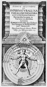 O microcosmo e o macrocosmo - Representação alegórica da posição do homem no universo (homem de vitruva): relação do homem (microcosmo) com o Macrocosmo simboliza pelas esferas do Sol, da Lua e dos planetas, diferentes temperamentos e t de Unknown artist