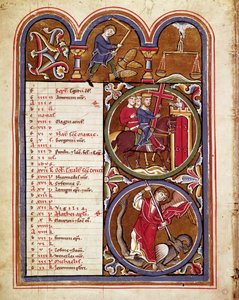 O mês de Setembro, o trabalho agrícola (colheitas, debulha do trigo com uma flor), a festa da exaltação da cruz, São Jorge derrotando o dragão Página manuscrita tirada de "O saltério de Santa Isabel" Século XIII Cividale, Mus de Unknown artist