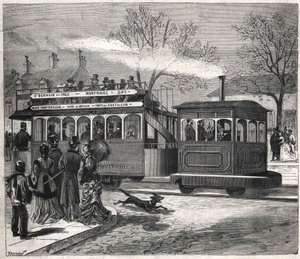 Os novos eléctricos a vapor em Paris, em 1876, que correm na linha de Saint - Germain - des - Prés à porta de Chatillon, gravando a colecção Bianchetti. de Unknown artist