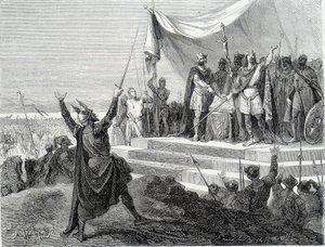 O juramento dos dois irmãos perante a sua armadura: Carlos II o Careca e Luís II o Germânico fazem o juramento contra Lothaire I (Juramentos de Estrasburgo 842). A gravura do século XIX. de Unknown artist