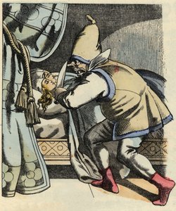 O ogre corta a cabeça das suas sete filhas pensando em matar o Poulet e seus irmãos. Ilustração do conto "Le Petite Poucet", de Charles Perrault de Unknown artist