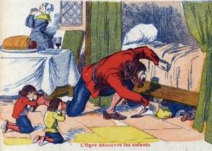 O ogre descobre as crianças. Ilustração para "Le Pepetit poucet", conto de Charles Perrault (1628-1703), escritor francês. Ilustração anônima. Imagery Marcel Vagne, Jarville Nancy, sem data (final do século XIX). de Unknown artist