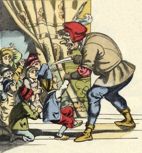 O ogre leva uma criança com a intenção de devorá-la. Ilustração do conto "Le Pepetit Poucet" de Charles Perrault de Unknown artist