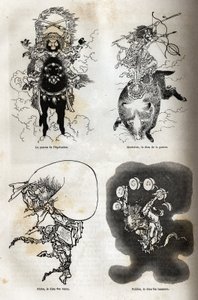O panteão dos divinitas japoneses: representação tradicional de algumas figuras típicas: o patrono da equitação; Marisitão, o deus da guerra; Futen, o deus dos ventos; Raiden, o deus dos trovões. Gravura para ilustrar a viagem ao Japão em 1863-1864, por de Unknown artist