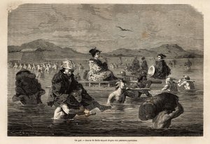A passagem de uma taco, com apresentação dos modos de transporte de passageiros e bagagem. Gravura para ilustrar a viagem ao Japão, em 1863-1864, de Aime Humbert, ministro da Confederação Suíça, em "Le tour du monde, nouveau journal des voyages". de Unknown artist