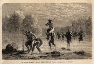 A passagem da gue, os índios Siriniris, se propõem espontaneamente a levar sobre seus ombros os membros da expedição, a fim de fazê-los atravessar as lagoas formadas no sopé do Monte Basiri (Peru). Engravure pour illustrrer le voyage dans les vall de Unknown artist