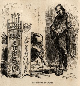 A máquina de roscar tubos em sua oficina, ele usa para rosquear os tubos uma simples tábua perfurada com furos de tamanho inegro, colocada em espiral de ferro. Gravura para ilustrar a viagem ao Japão, de Aime Humbert, ministro da Confederação Suíça, em 186 de Unknown artist