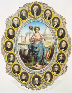 Os presidentes dos Estados Unidos com o símbolo da América no meio. Para cima, Washington e Abraham Lincoln para baixo. Cartaz publicado na posse da presidência de Lincoln, em 1861. Gravura de 1861. de Unknown artist