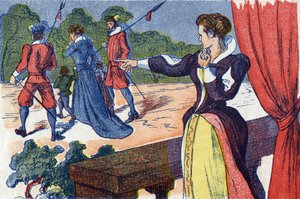 A rainha mãe tem a rainha e os seus filhos presos. Ilustração anônima de "La belle au bois dormant", conto de Charles Perrault (1628-1703), escritor francês. Imagery Marcel Vagne, Jarville Nancy, sem data (final do século XIX). de Unknown artist