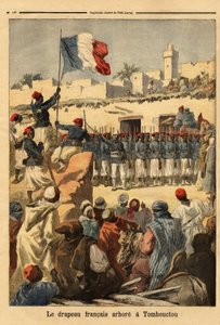O hastear da bandeira francesa em Timbuktu (Mali) pelo Tenente Coronel Francois Xavier Bonnier (1857-1944) durante a conquista francesa do Sudão francês (actual Mali) - A bandeira francesa hasteada em Timbuktu (localizada no rio Níger, Mali) pelo co de Unknown artist