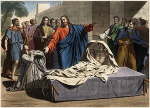 A ressurreição do filho da viúva de Naim: Jesus Cristo ressuscita o único filho da viúva. Gravura de meados do século XIX. de Unknown artist
