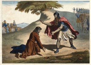 O regresso de Jacob e o seu encontro com Esaú - Jacob regressa à Terra de Canaã com as suas mulheres e filhos: ele conhece o seu irmão Esaú. Gravura da metade do século XIX. de Unknown artist