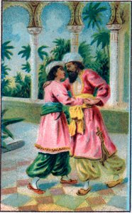 O regresso do príncipe. Conto "Histoire du cheval enchante" em "Les mille et une nuits" (les 1001 nuits ou Le mille e una notte, Arabian Nights). Cromolitografia do final do século XIX. de Unknown artist
