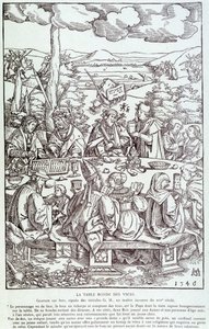 A mesa redonda dos vícios: jogo, ganância, luxúria, orgulho... - A gravura 1546 de Unknown artist