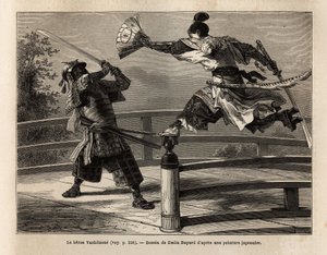 O samurai Yashitsune em equilíbrio na barreira de uma ponte, ataca um samurai de armadura. Gravura para ilustrar a viagem ao Japão, em 1863-1864, de Aime Humbert, ministro da Confederação Suíça, em "Le tour du monde, nouveau journal des voyages". de Unknown artist