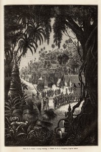 As celebrações da época em Luang Prabang, capital real de Lan Xang (reino do milhão de elefantes) (atual Laos), consistem em uma procissão dos habitantes e um pagode de adoração por toda a cidade. Gravura para ilustrar uma viagem de exploração de Unknown artist