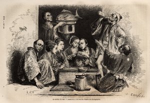 O serviço de saquê, é o mais cerimonial nos banquetes, o saquê é trazido em grandes panelas lacadas ou latas de bronze, colocado numa barra de bambu, aquecido num banho de banheira em garrafas de porcelana; os cortes de materiais e vários tamanhos são rica de Unknown artist