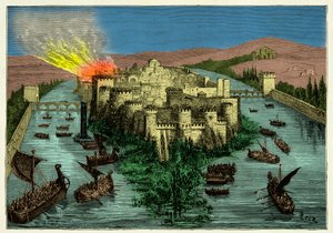O cerco de Paris em 845 pelos Vikings com Ragnar Lodbrok à cabeça, Gravura do século XIX