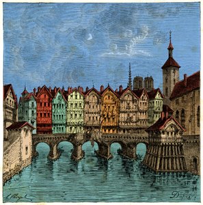 A pequena ponte que mais tarde foi a Pont au Change em Paris na Idade Média, gravura do século XIX. de Unknown artist