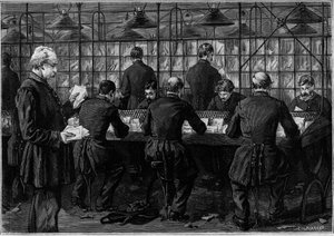 A triagem de correspondência num escritório do Hotel des Postes na Rue du Louvre, em Paris. Gravação na revista "La jeunesse". de Unknown artist