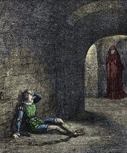 O espectro da torre O prisioneiro acorrentado em uma masmorra vê um fantasma diante dele. Ilustração para "A Torre de Londres" de William Harrison Ainsworth do século XIX de Unknown artist