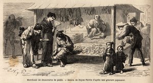 O selo de um vendedor de sapatos de palha, com clientes diferentes, uma mulher que tenta um par com seus amigos e um pai que cuida de seu filho. Gravura para ilustrar a viagem ao Japão, em 1863-1864, de Aime Humbert, ministro da Confederação Suíça. de Unknown artist