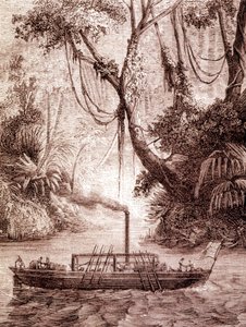 O barco a vapor de John Fitch, inventor americano, no Rio Delaware, por volta de 1791. de Unknown artist