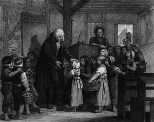 Os alunos de uma turma reúnem-se para dar flores ao professor da escola no seu aniversário. Gravura do século XIX de Unknown artist