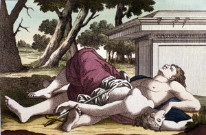 O suicídio de Pyramus (Pirame) sob o silenciador e a morte de Thisbe. Convencido de que a leoa tinha devorado Thisbe, Pyramus se deu a si mesmo a morte e cobriu os costumes brancos com seu sangue. Estebe, escondido para escapar do leão, encontra o seu amor de Unknown artist