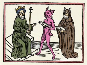 O julgamento de Belial: "O Demônio Belial apresenta suas credenciais ao Juiz Salomão" "Gravura de "O julgamento de Belial" de Jacobus de Teramo (ou Palladino), Ausburgo de Unknown artist