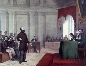 O julgamento de Felice Orsini (1819 - 1858) que cometeu o ataque de 14 de janeiro de 1858 contra Napoleão III. Litografia do final do século XIX. Coleção particular de Milão ©Luisa Ricciarini/Leemage de Unknown artist