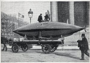 O barco subaquático (submarino) "Le Goubet", transportes para experiências, passa pela Place de la Madeleine em Paris. Gravura em "La Nature". de Unknown artist