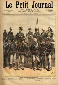 Os uniformes do exército italiano, um cavalo da esquerda para a direita: a artilharia, o oficial de cavalaria, o general, o coronel dos carabinieri, o oficial dos guias, o 10º regimento de lanças, o centésimo. De pé da esquerda para a direita: o mosquetão, de Unknown artist