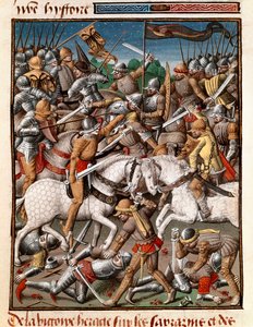 A vitória do Imperador Bizantino Heraclius (Herakleios (cerca de 575-641) sobre os sarrazins Miniatura em "Le miroir historiale" (ms. 1196 fol. 65 v.) por Vincent de Beauvais (1190-1264) traduzido para o francês por Jean de Vignay de Unknown artist