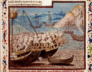 A guerra dos Gauleses: "O descascamento das tropas de Jules Cesar e a vitória sobre os bretões" Miniatura tirada de "Os Fatos dos Romanos" (ou Li Fet dos Romanos), compilada em conjunto de Saluste e Suetoine e Lucan. 1480 (ms. 1055, fol. 54 de Unknown artist