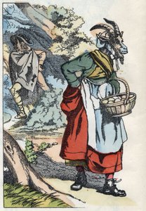 O lobo está à procura da cabra que deixa a sua casa. Ilustração do conto "Compere le Loup, Maitre Renard, Comere la Chevre et ses petits biquets" depois de uma fábula de Jean de la Fontaine. Em "Contos do lar para os pequenos". Gravura anónima de Unknown artist