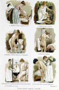 A mulher, médica doméstica: a água como meio curativo. 1. aluição de uma pessoa doente na cama, 2. aluição pelo fogo, 3. aluição alterna em uma banheira, 4. chuveiro de chuva, 5. chuveiro com um tubo de torneira de uma cozinha, 6. irrigação em um pequeno i de Unknown artist