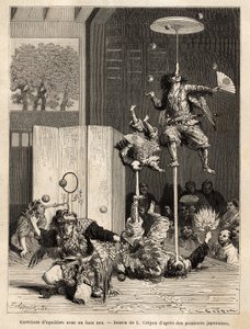 Saltimbancos do Teatro: malabaristas, equiibristas e acrobatas, os que são típicos da região de Edo (Tóquio), reconhecíveis por seus truques de equilíbrio com falso nariz de esterco, principal atributo do divinita Tengu, patrono desses saltimbancos. Gravur de Unknown artist