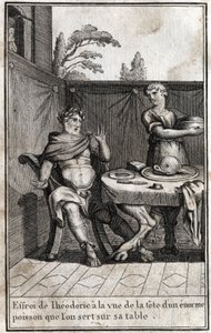Teodórico o Grande (ca. 454/455-526), rei dos Godos, está assustado com a visão da cabeça de um enorme peixe servindo em sua mesa. Gravura em "Beaute de l