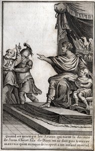 Teodósio I (Flávio Teodósio) (347-395), imperador romano, teve Anfiloque, eveque de Icone, preso por desrespeito ao seu filho, Arcadius (377-408). A eveque declara: "Quando protegemos os arianos que negam a divindade de Jesus Cristo, filho de Deus, devemos de Unknown artist