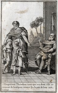 Teodósio I (Flávio Teodósio) (347-395), imperador romano, quer que seus dois filhos, Arcádio (377-408) e Honório (384-423), se levantem para ouvir as lições de seu professor. Século IV. Gravura em "Beaute de l