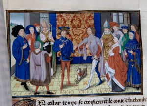 Thibaut III de Champagne (1179-1201), Louis (falecido em 1205), Conde de Blois e Chartres, e Baudouin IX de Flandres (ou Baudouin VI de Hainaut), conhecido como Baudouin I de Constantinopla (1171-1206), encontram-se. Miniatura em "Chronicle du temps de Her de Unknown artist