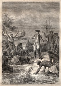 Terceira viagem (1776-1779) do Capitão James Cook (1728-1779): Cook é recebido pelos nativos (Havaí) - ilustração tirada de "Os Grandes Marinheiros do Século 18". de Unknown artist