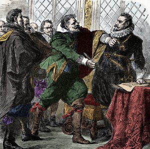 Guerra dos Trinta Anos: Assine, Nandel! - Guerra dos Trinta Anos (1618-1648): O Conde Paul Jakob von Starhemberg (1560-1635) pede ao Imperador Fernando II (1578-1637) que assine um acordo para restaurar a paz em Boheme. de Unknown artist