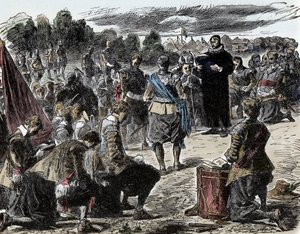 Guerra dos Trinta Anos: Suecos em Oração antes da Batalha de Luetzen - Guerra dos Trinta Anos (1618-1648): Rei Gustavo II Adolphe da Suécia (1594-1632) e suas tropas se reúnem para uma celebração religiosa antes da Batalha de Lutzen (1632) de Unknown artist