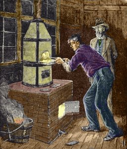 Thomas Edison faz experiências por volta de 1879 com papel carbono para a lâmpada incandescente. de Unknown artist