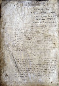 Página de título de um manuscrito: Conquista do Saint Gréal, escrito 717 anos após a paixão do nosso senhor. Bibliotheque municipale de Rennes, ms. 255 (Coleção de romances da Távola Redonda); Paris de Unknown artist